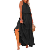 MQTIME  -  Women Boho Solid Color Dress Sleeveless Ruffled Maxi Vestidos Loose Fit Straight Hippie Dresses Layered Princess Robe