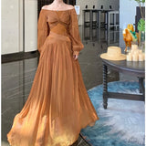 MQTIME  -  French Style Glossy Lantern Sleeves Kinked Butterfly One-word Shoulder Dress Pendant Long Dress