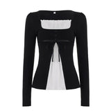  MQTIME  -  French Sweet Patchwork Contrast Color Fake Two Piece Slim Square Collar Long Sleeve Slim T-Shirts