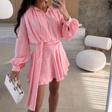 MQTIME  -  Women Temperament Lantern Sleeve Cocktail Club Dress Elegant Lady Belt Mini Party Dress 2025 Show Style Solid Color Ruffle Dress