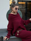 MQTIME  -  Women Burgundy Knit Long Skirt Sets Elegant Slash Neck Full Lantern Sleeve Top Maxi Skirts Outfit 2024 Autumn New Two Piece Set