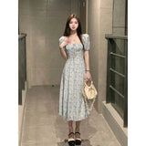 MQTIME  -  Women's Blue Floral Puff Sleeve Midi Dress Sweetheart Tie Front Split Dress