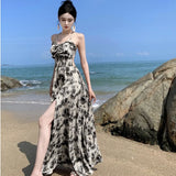 MQTIME  -  Summer French Fashion Spaghetti Strap Square Neck Sleeveless Party Evening Dress Woman Elegant Print Lace Up Midi Prom Dress