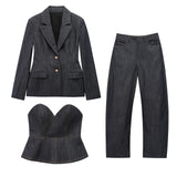  MQTIME  -  Women Denim Jacket Pants Sets Long Sleeve Blazer Coat Strapless Vests Straight Trousers Jeans Fashion High Street Outfit
