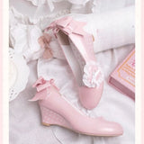 MQTIME  -  Japanese Vintage Gothic Style Lolita Shoes Women Sweets Polka Dot Print Lace Bow Metal Button Mary Jane Shoes Fashion Wedge Heel