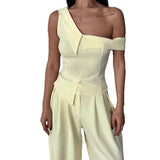  MQTIME  -  Summer Women's Fashion Irregular Slant Neck Sleeveless Style Solid Color Wide Leg Pants Set