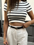 MQTIME  -  Vintage Women Striped Short Tshirts Fashion Ladies Slim Knitted Crop Tops for Womens Casual Tees Female Clothes Chic