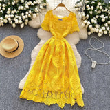 MQTIME  -  Summer Elegant Hollow Out Embroidery Lace Long Dresses Women Holiday Short Sleeve Flower Retro Evening Party Female Vestidos