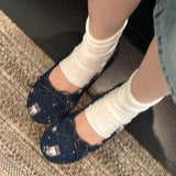 MQTIME  -  Comfort Leather Slip on Flats Cartoon Blue Print Bow Knot Detail Classic Mary Jane Ballet Shoes Outdoor Casual Dress Footwear