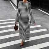 MQTIME  -  Slim Fit Knitted Long Sleeve round Neck Bell Bottom Striped Dress Cross Border New Style Fresh Sweet Style Casual Dress