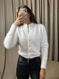 MQTIME  -  Women's Casual Fuzzy Knit Cardigan Sweater Crew Neck Long Sleeve Button Front Cropped Mohair Soft Warm Winter Outerwear