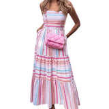 MQTIME  -  Summer New Fashion Temperament Mid Long Women Striped Camisole Dress Simple Square Neck Female Casual Long Dresses