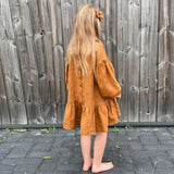  MQTIME  -  Chic Back Button-Up Lantern Sleeve Dress Baby Girl Autumn New Ruffled Splicing Princess Dresses Loose Cotton And Linen Dresses