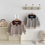 MQTIME  -  Spring New Children Long Sleeve Knitted Sweater Cotton Girls Polo Collar Striped Tops Boys Casual Pullover Kids Clothes