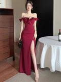MQTIME  -  France Vintage Elegant Evening Party Dress Women Y2k Ruffled One Shoulder Strapless Midi Dress Famale Solid Korean Chic Clothes