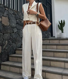 MQTIME  -  Autum Women's European And American Style Flip-up Short Vest Casual Pants Street Style Fashionable Elegant Suit
