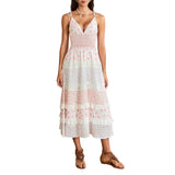 MQTIME  -  Women's Boho Floral Smocked Maxi Dress Y2k Patchwork Lace Layered Long Beachwear Dresses Casual Flowy Summer Sundress