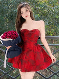 MQTIME  -  Chinese New Year Red Print Design Sensual Puffy Dr Sexy mid Waist ort Skirt without Sve One oulder A-Line Dr