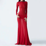  MQTIME  -  Women See Through Mesh Long Dress Long Sleeve Tie-Up Backless Bodycon Dress Evening Party Sexy Dress Beach Cover-ups