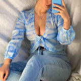 MQTIME  -  Tie Dye Print Long Sleeve Crop Top Women Bandage Y2K Sexy Ruffles Blue V Neck 2024 New Summer Spring Casual T Shirts 90s Vintage