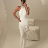 MQTIME  -  Women Elegant Sexy Pleated Bodycon Maxi Party Dress Sequins Turtleneck Halter Backless Front Split Slim Evening Gown Long Robes