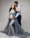 MQTIME  -  Sexy Silver Maternity Dresses for Photography Halter Mermaid Pregnancy Photshoot Customized Lace Appliques Babyshower Gowns
