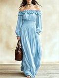 MQTIME  -  Women Off‑Shoulder Ruffle Maxi Dress Long Lantern Sleeve Smocked Waist Bohemian Flowy Long Dress Casual Beach Vacation Sundress
