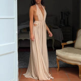  MQTIME  -  Fashion Full Length Party Dress Luxury Women High Waist Evening Dress Elegant V Neck Mesh Backless Evening Dress