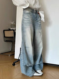 MQTIME  -  Blue Retro Washed Wide Leg Pants For Women, Simple And Loose High Waisted Straight Leg Denim Floor Mopping Pants