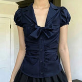  MQTIME  -  Temperament Preppy Style Bow V Neck Puff Short Sleeve Women's Blouse Y2k Aesthetic Harajuku Pleated Casual Shirts Spice Clothes