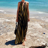 MQTIME  -  Women Casual Sleeveless High Waist Beach Dress Fashion Striped Printed Seaside Party Dress Elegant Hollow Loose Suspender Dress