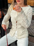 MQTIME  -  Lace Elegant Embroidery Shirts Women Autumn New Hollow Out Slim Long Sleeve T-Shirts Fashion Off Shoulder Cardigan Top