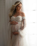 MQTIME  -  Romantic Pearls Maternity Dress Photoshoot Off Shoulder Sheer Tulle Pregnancy Dress Luxury Pearl Beaded Baby Shower Dresses