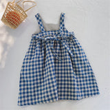 MQTIME  -  Girls Korean Blue Plaid Dress Summer New Cotton And Linen Children's Cute Bow Tie Sleeveless Halter Suspenders Dresses