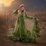 MQTIME  -  Green Mermaid Maternity Dress Photoshoot High Neck Pregnant Women Photography Robe Long Sleeve Babyshower Gown Customized