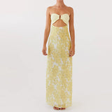 MQTIME  -  Flower Print Patchwork Strapless Evening Dress Lady Casual Off Shoulder High Waist Party Dress Elegant Backless Slim Long Dress