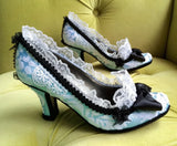 MQTIME  -  Mint Blue Lace Round-Toe Pumps Black Satin Bows White Lace Trim Low Block Heel Sweet Style Footwear for Cosplay Tea Party Looks