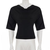  MQTIME  -  Women's Elegant Black Cold Shoulder Top with Draped Neckline Ruched Waist Short Flared Sleeves Casual & Chic Crop Clothes