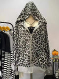 MQTIME  -  American Retro Leopard Print Hooded Sweatshirt 2024 Autumn Winter New Loose Coat Women Y2k Long Sleeve Zipper Tops Mujer