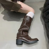 MQTIME  -  Women's Mid Calf Boots Fashion Stack Slouch Boots Punk Style Soft Leather Casual Shoes for Woman Designer Shoes Botas Mujer
