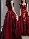 MQTIME  -  Wine Red Temperament Sling Wedding Party Dresses Slim Waist Sequin Patchwork Prom Vestidos Elegant Lace-up Long Eveni