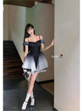 MQTIME   -  Summer Women Elegant Black Gradient A-line Tutu Party Dress Off Shoulder Patchwork Birthday Party Dress Backless Prom Dress