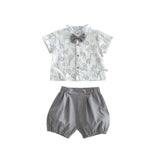 MQTIME  -  0-3Y Summer Boys Gentleman Suit Toddler Cartoon Print Short Sleeve Shirt with Bow Tie & Shorts Sets Boys Birthday Baby Clothes
