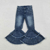  MQTIME  -  Baby Girls Denim Western Brown Cow Print Bell Bottom Kids Children Toddler Flared Pants Double Lace Pocket Jeans