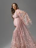 MQTIME  -  Blush Pink Maternity Dress with 3D Flower Embroidery, Boho One Shoulder Gown for Pregnancy Photoshoot Baby Shower Maternity Gown