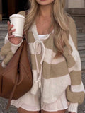 MQTIME  -  Fashion Color Blocking Long Sleeved Sweater Coat Elegant Office Women's Knitwear New Autumn V Neck Laced Loose Fit Cardigan