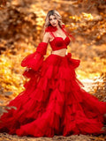 MQTIME  -  Sexy Red Maternity Dress for  Women Empire Two Pieces Photoshoot Prom Gowns Ruched Tiered Vestido de Soriee for Babyshower Robes