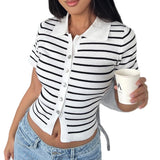 MQTIME  -  Contrast Striped Woollen Short-sleeved Single-breasted Cardigan Polo Neck Commuter Knit Top for Women
