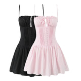 MQTIME  -  Spring new hollow out strap waist cinched back pleated solid color suspender short dress short skirt