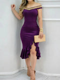 MQTIME  -  Spring Women's Clothing Off Shoulder Ruffle Beaded Slim Fit Dress For Woman Elegant Casual Midi Bodycon Polyester Knit Fabric